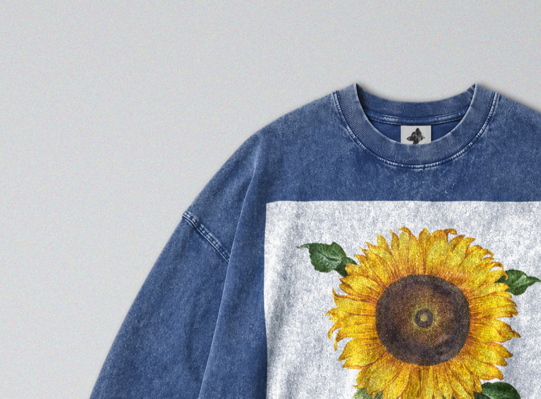 Oversized Snow Washed Long Sleeve Cotton Tee - Minimalist Sunflower Print
