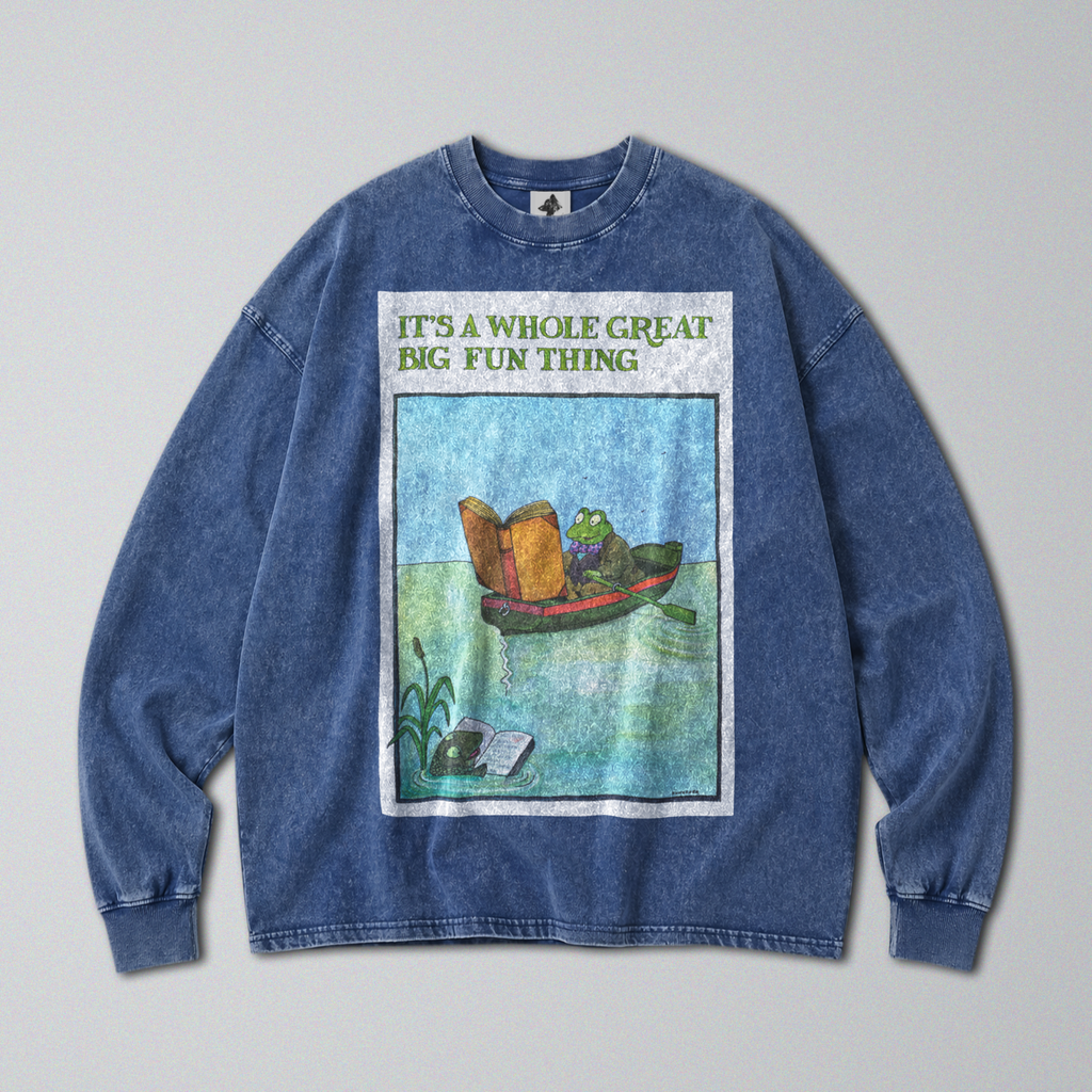 Oversized Snow Washed Long Sleeve Cotton Tee - Funny Toad in a Boat Print