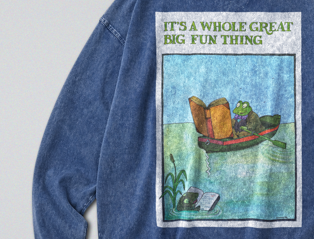 Oversized Snow Washed Long Sleeve Cotton Tee - Funny Toad in a Boat Print