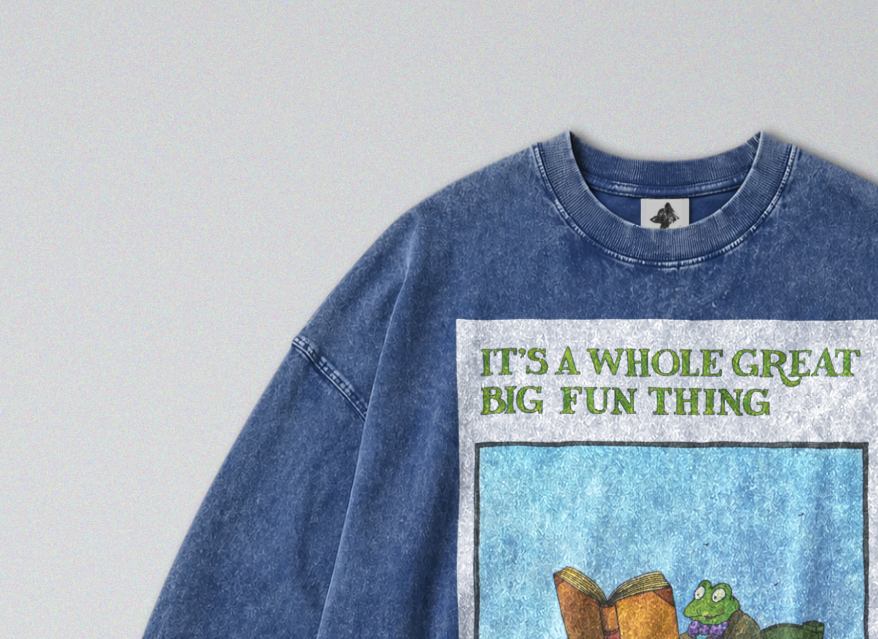 Oversized Snow Washed Long Sleeve Cotton Tee - Funny Toad in a Boat Print