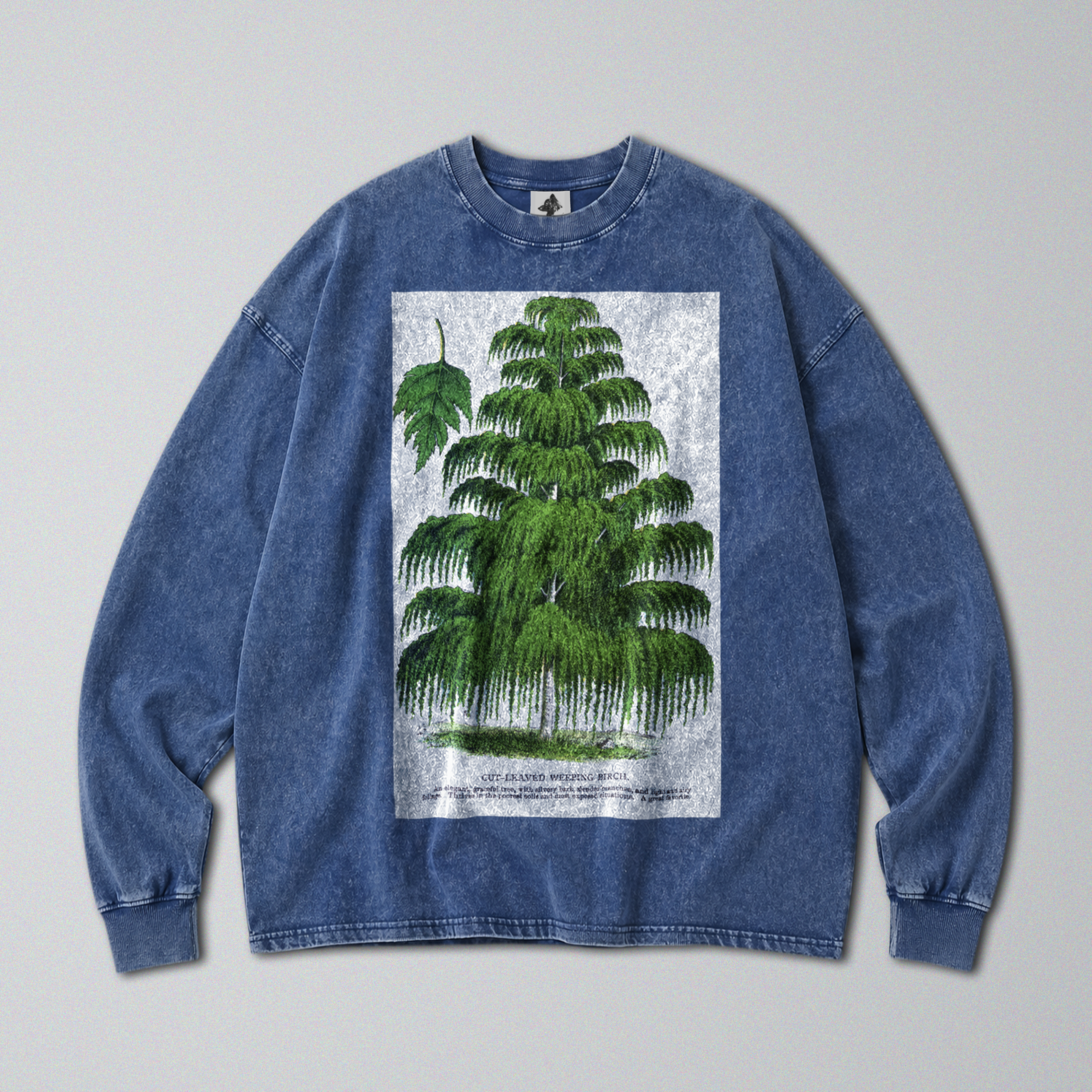 Oversized Snow Washed Long Sleeve Cotton Tee - Weeping Birch Tree Print