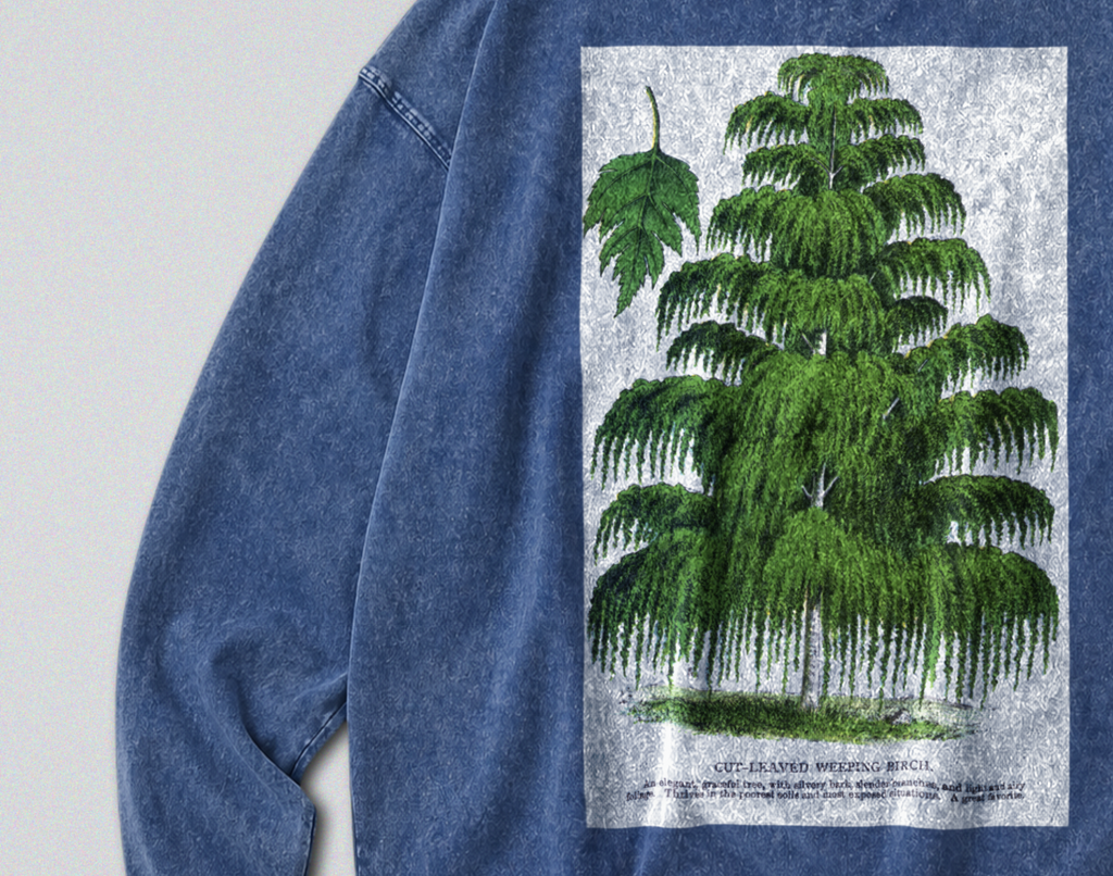 Oversized Snow Washed Long Sleeve Cotton Tee - Weeping Birch Tree Print