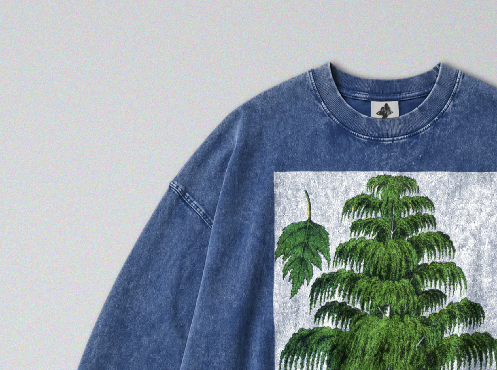 Oversized Snow Washed Long Sleeve Cotton Tee - Weeping Birch Tree Print