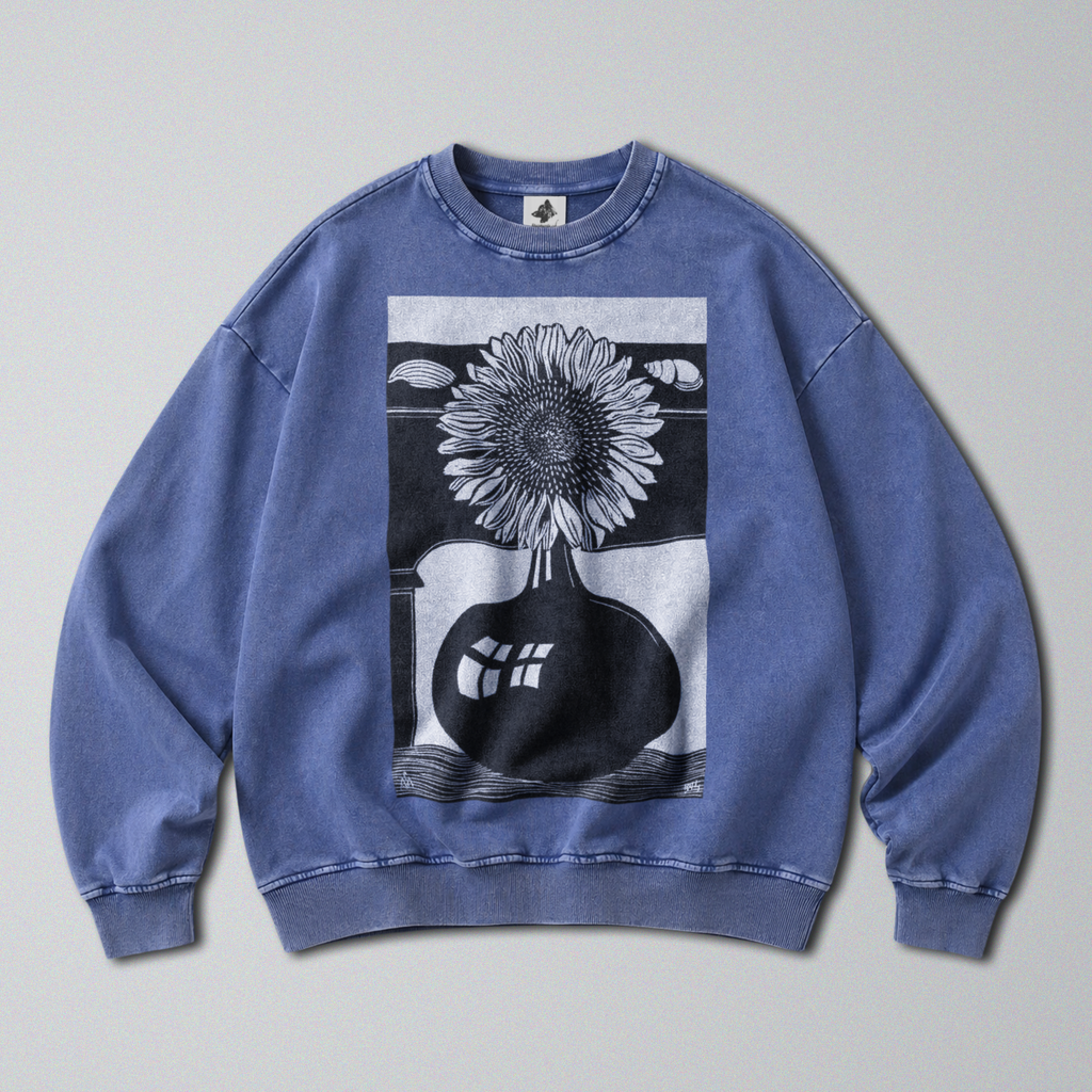 Oversized Snow Washed Cotton Sweatshirt - Black & White Sunflower Print