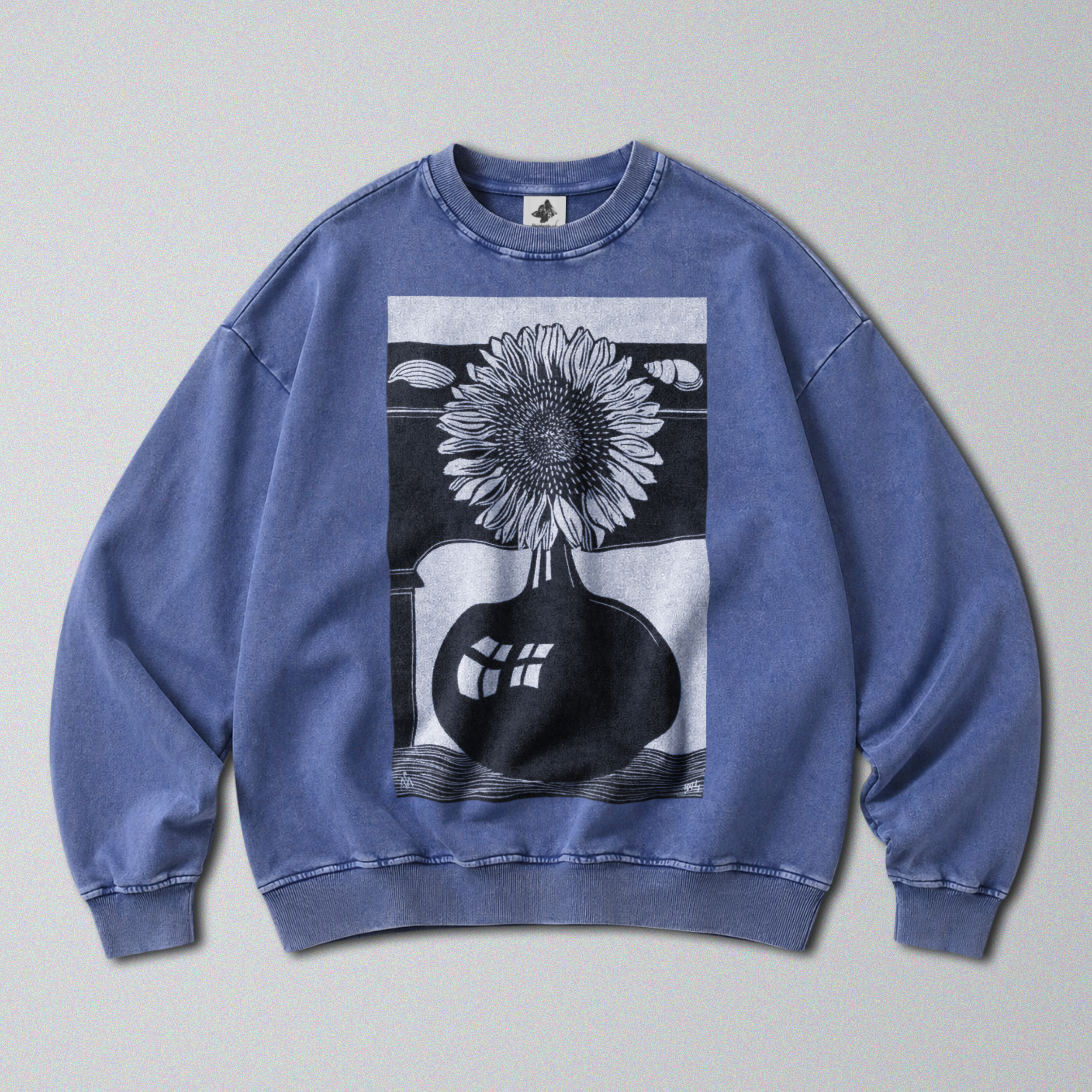 Oversized Snow Washed Cotton Sweatshirt - Black & White Sunflower Print