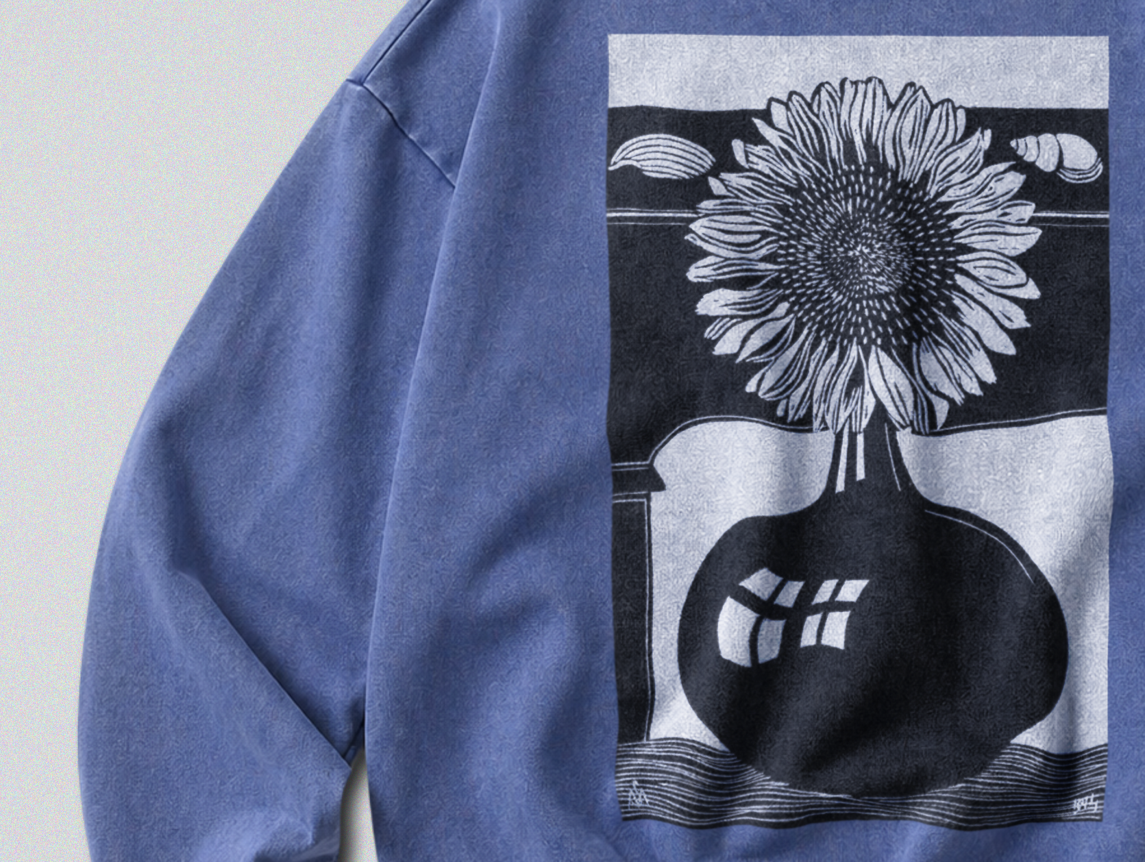 Oversized Snow Washed Cotton Sweatshirt - Black & White Sunflower Print