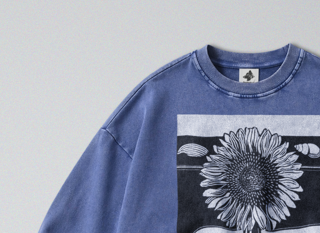Oversized Snow Washed Cotton Sweatshirt - Black & White Sunflower Print