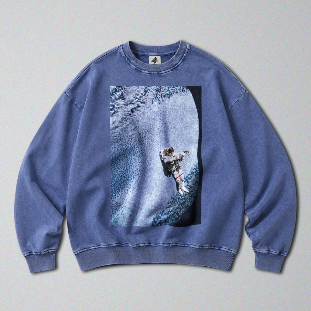 Oversized Snow Washed Cotton Sweatshirt - Astronaut in Space Print