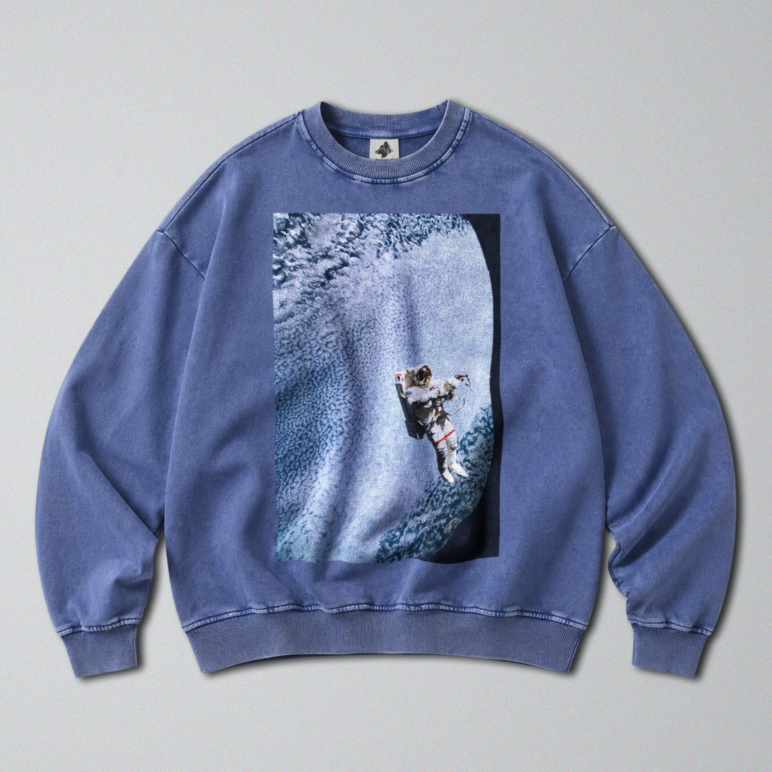 Oversized Snow Washed Cotton Sweatshirt - Astronaut in Space Print