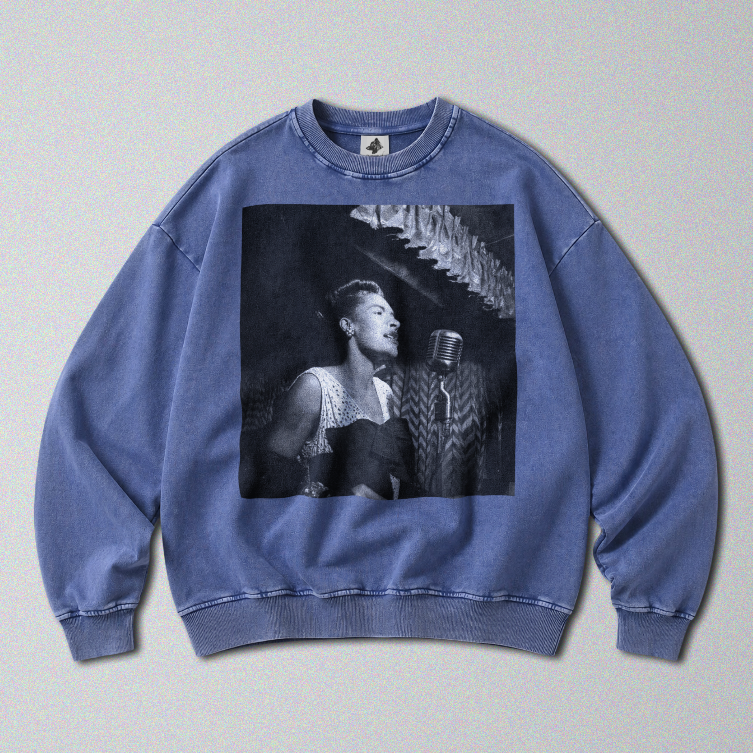 Oversized Snow Washed Cotton Sweatshirt - Famous Singer Billie Holiday Print