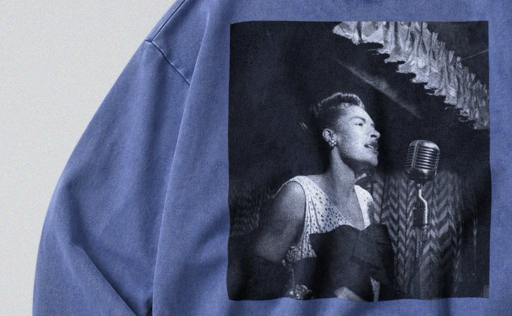 Oversized Snow Washed Cotton Sweatshirt - Famous Singer Billie Holiday Print