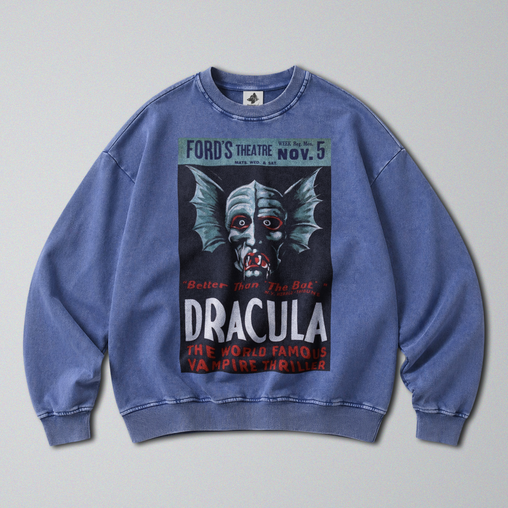 Oversized Snow Washed Cotton Sweatshirt - Dracula Poster Print