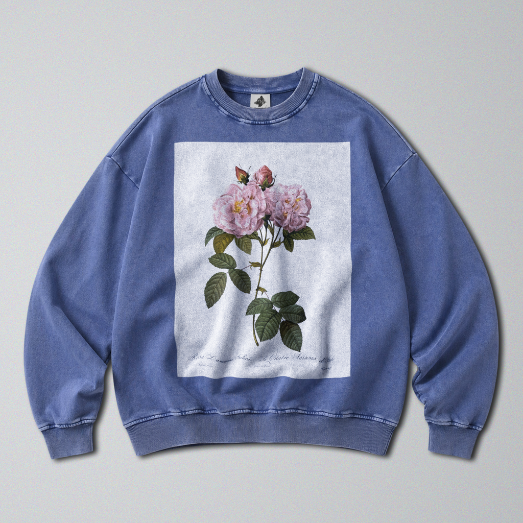 Oversized Snow Washed Cotton Sweatshirt - Minimalist Rose Print