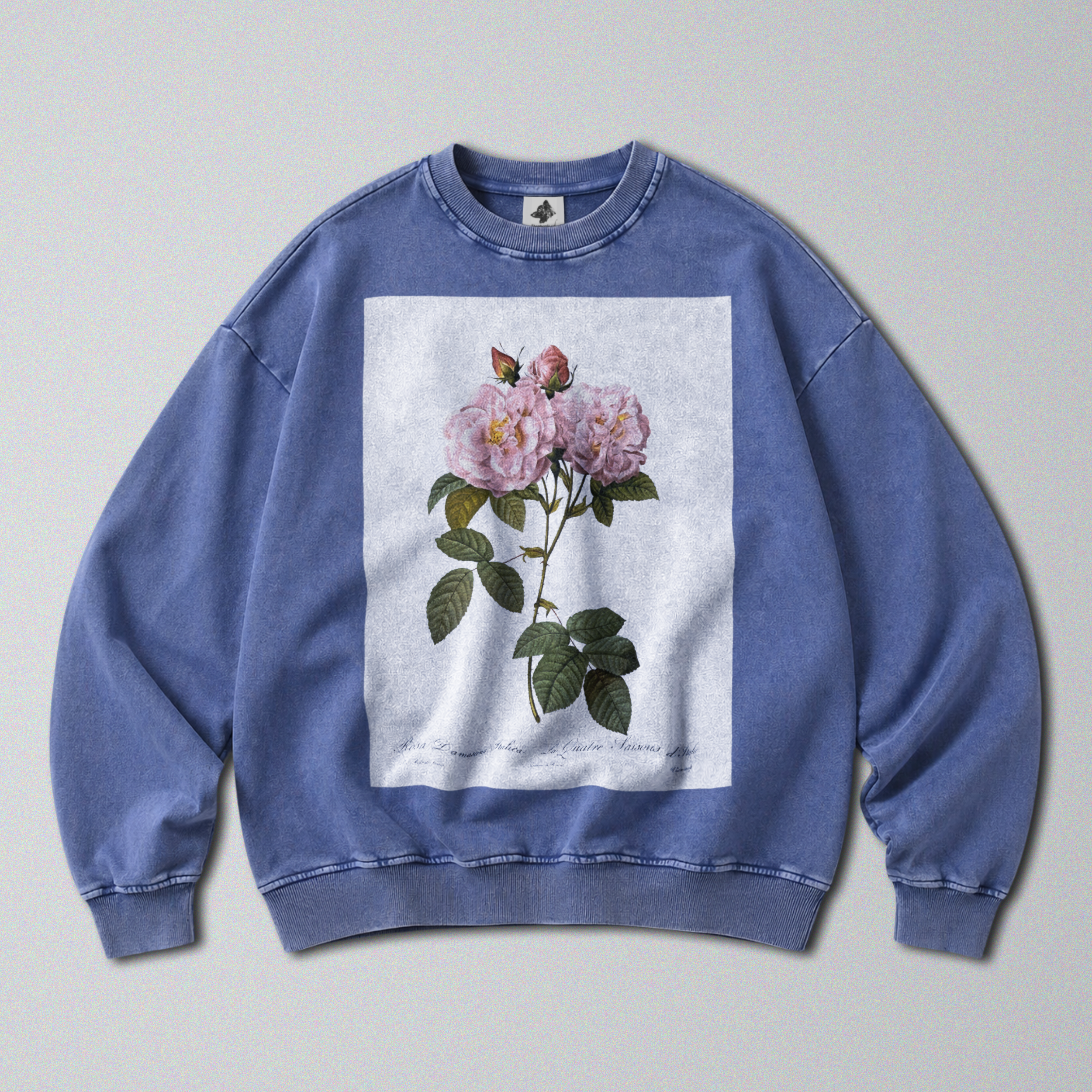 Oversized Snow Washed Cotton Sweatshirt - Minimalist Rose Print