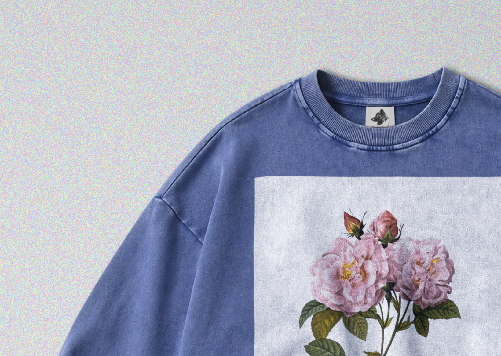 Oversized Snow Washed Cotton Sweatshirt - Minimalist Rose Print