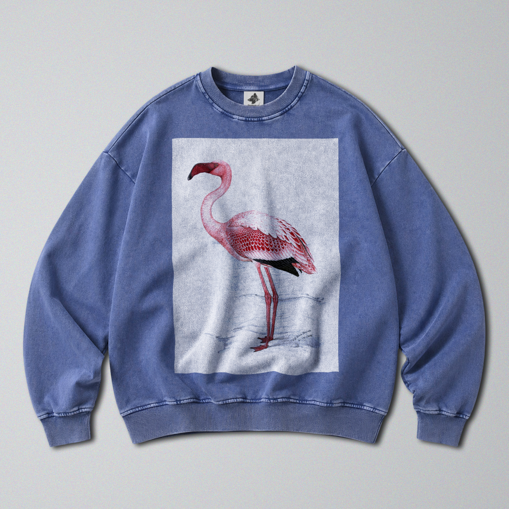 Oversized Snow Washed Cotton Sweatshirt - Pink Flamingo Print