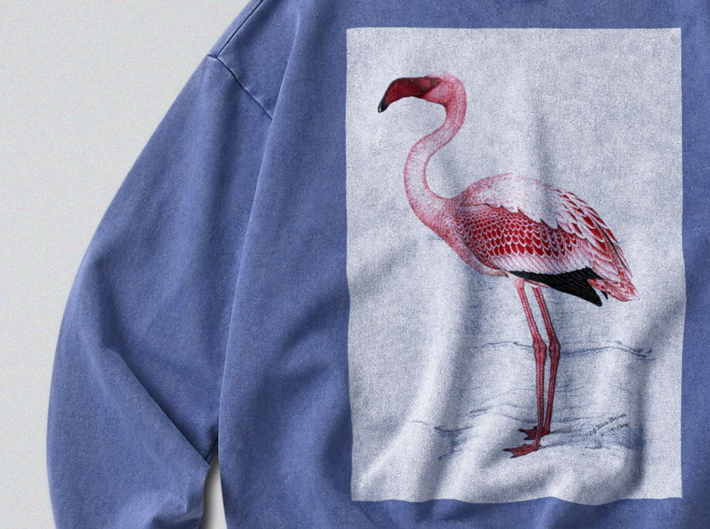 Oversized Snow Washed Cotton Sweatshirt - Pink Flamingo Print