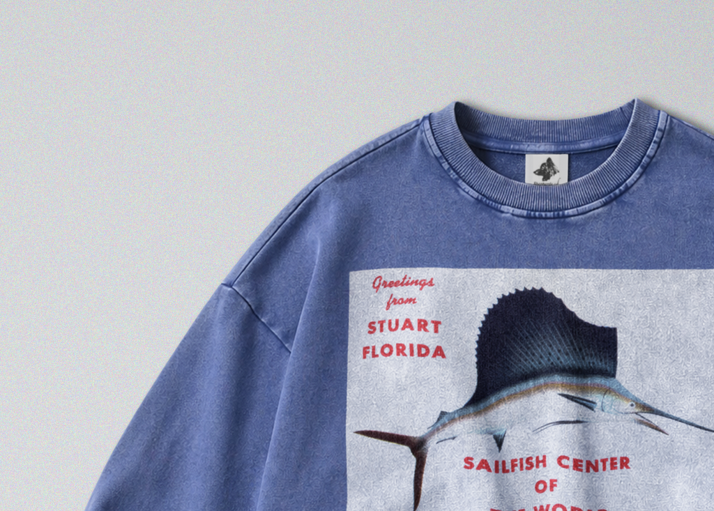 Oversized Snow Washed Cotton Sweatshirt - Floida Sailfish Print