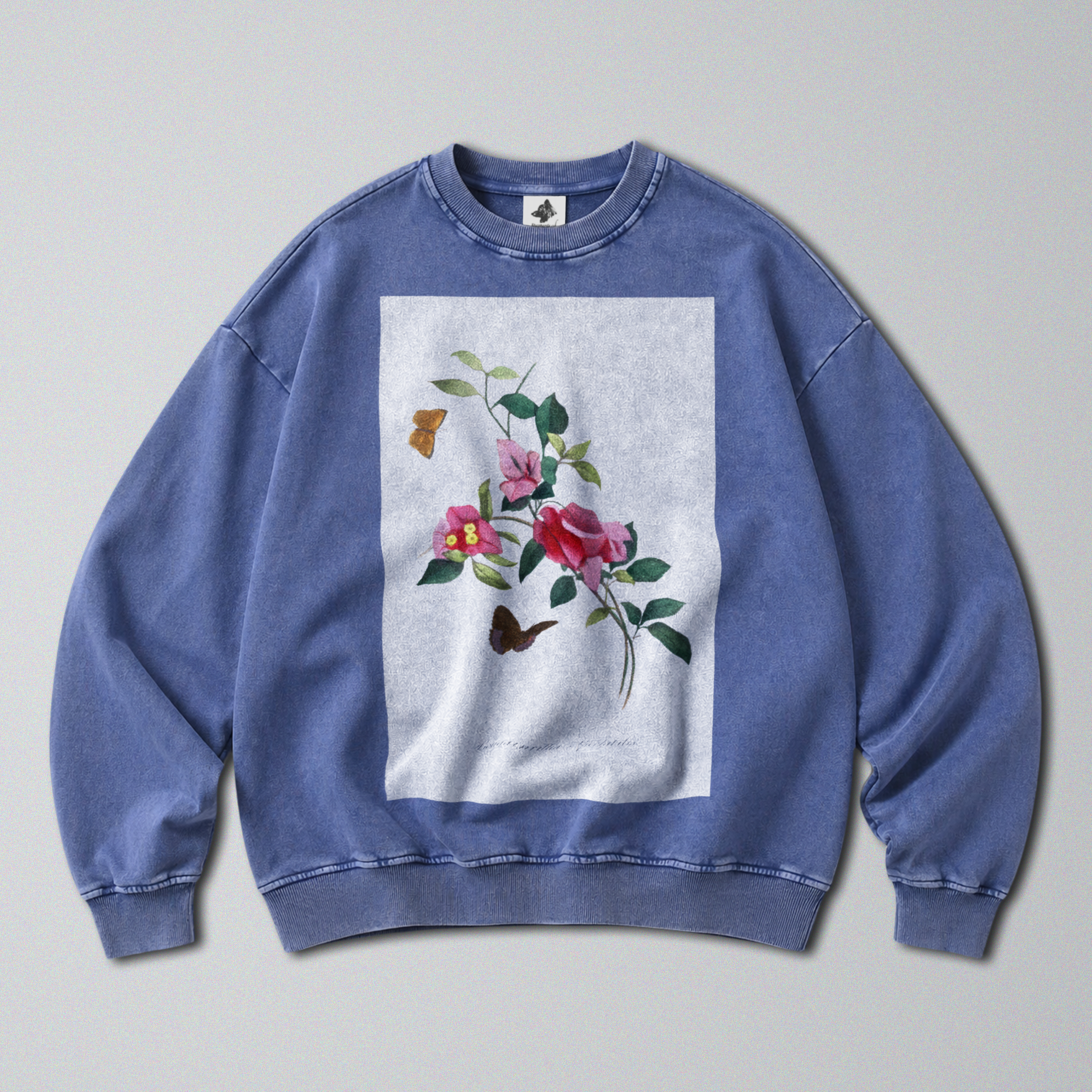 Oversized Snow Washed Cotton Sweatshirt - Colorful Flower Stem Print