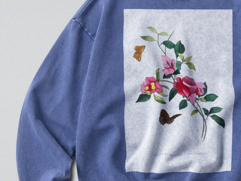 Oversized Snow Washed Cotton Sweatshirt - Colorful Flower Stem Print