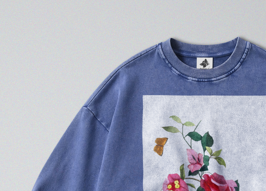 Oversized Snow Washed Cotton Sweatshirt - Colorful Flower Stem Print