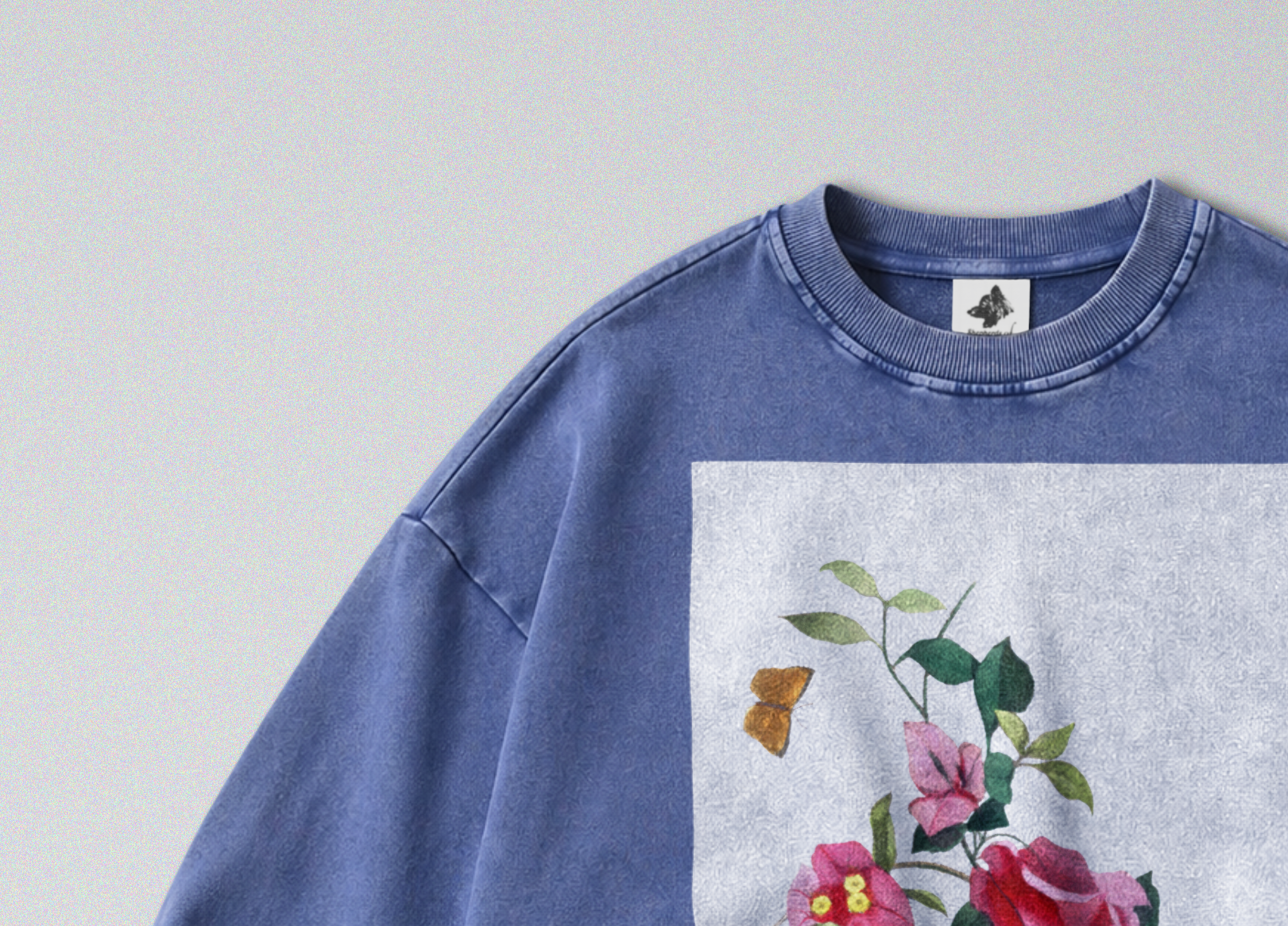 Oversized Snow Washed Cotton Sweatshirt - Colorful Flower Stem Print