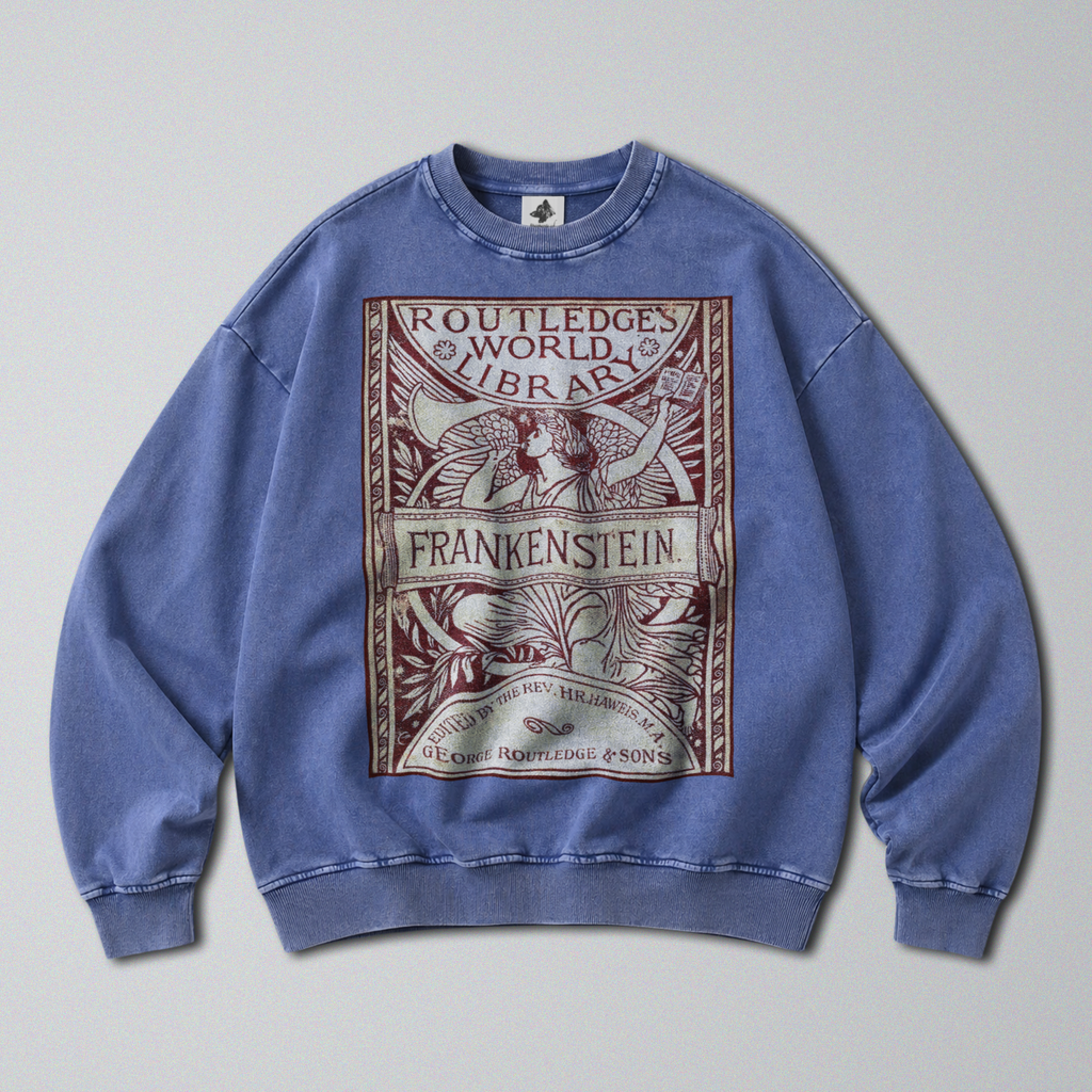 Oversized Snow Washed Cotton Sweatshirt - Frankenstein Book Cover Print