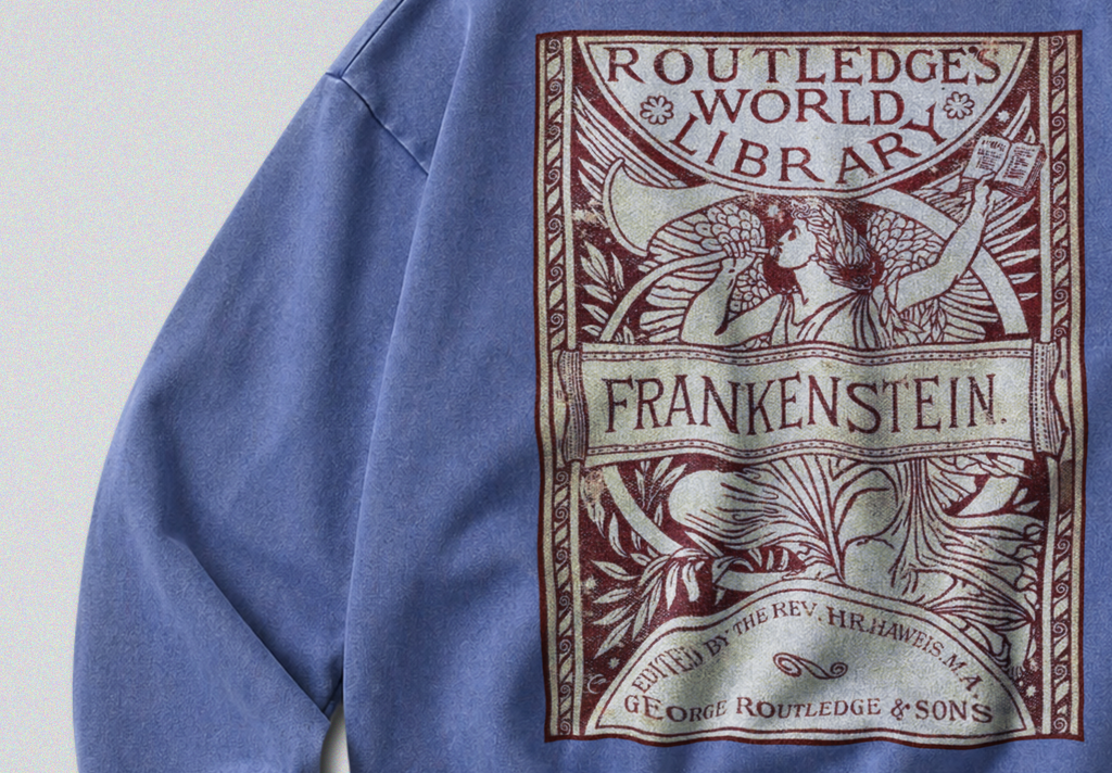 Oversized Snow Washed Cotton Sweatshirt - Frankenstein Book Cover Print