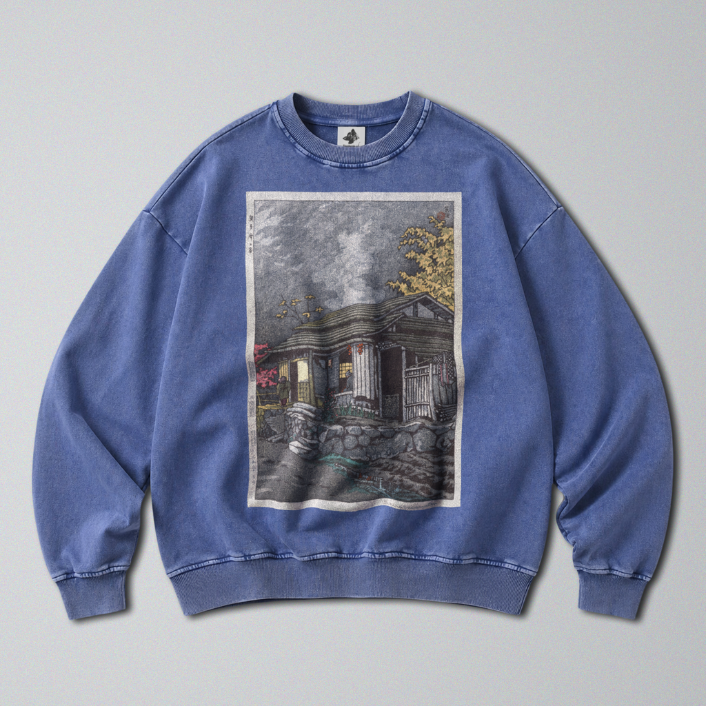 Oversized Snow Washed Cotton Sweatshirt - Rural Japanese Cabin Print