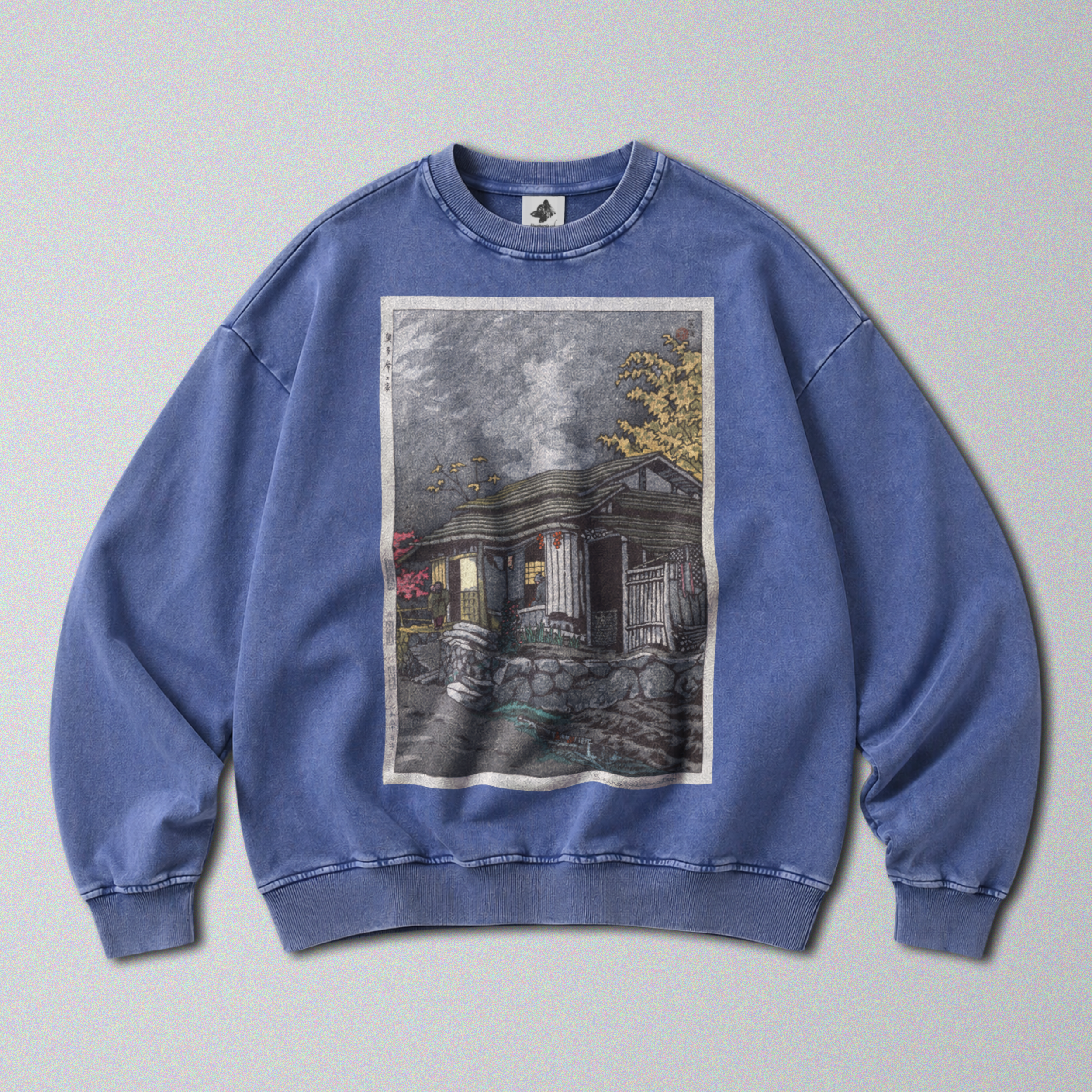 Oversized Snow Washed Cotton Sweatshirt - Rural Japanese Cabin Print