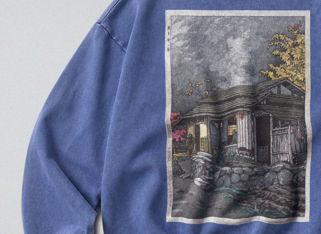 Oversized Snow Washed Cotton Sweatshirt - Rural Japanese Cabin Print