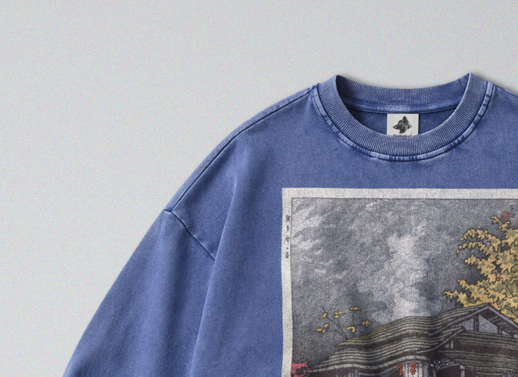Oversized Snow Washed Cotton Sweatshirt - Rural Japanese Cabin Print