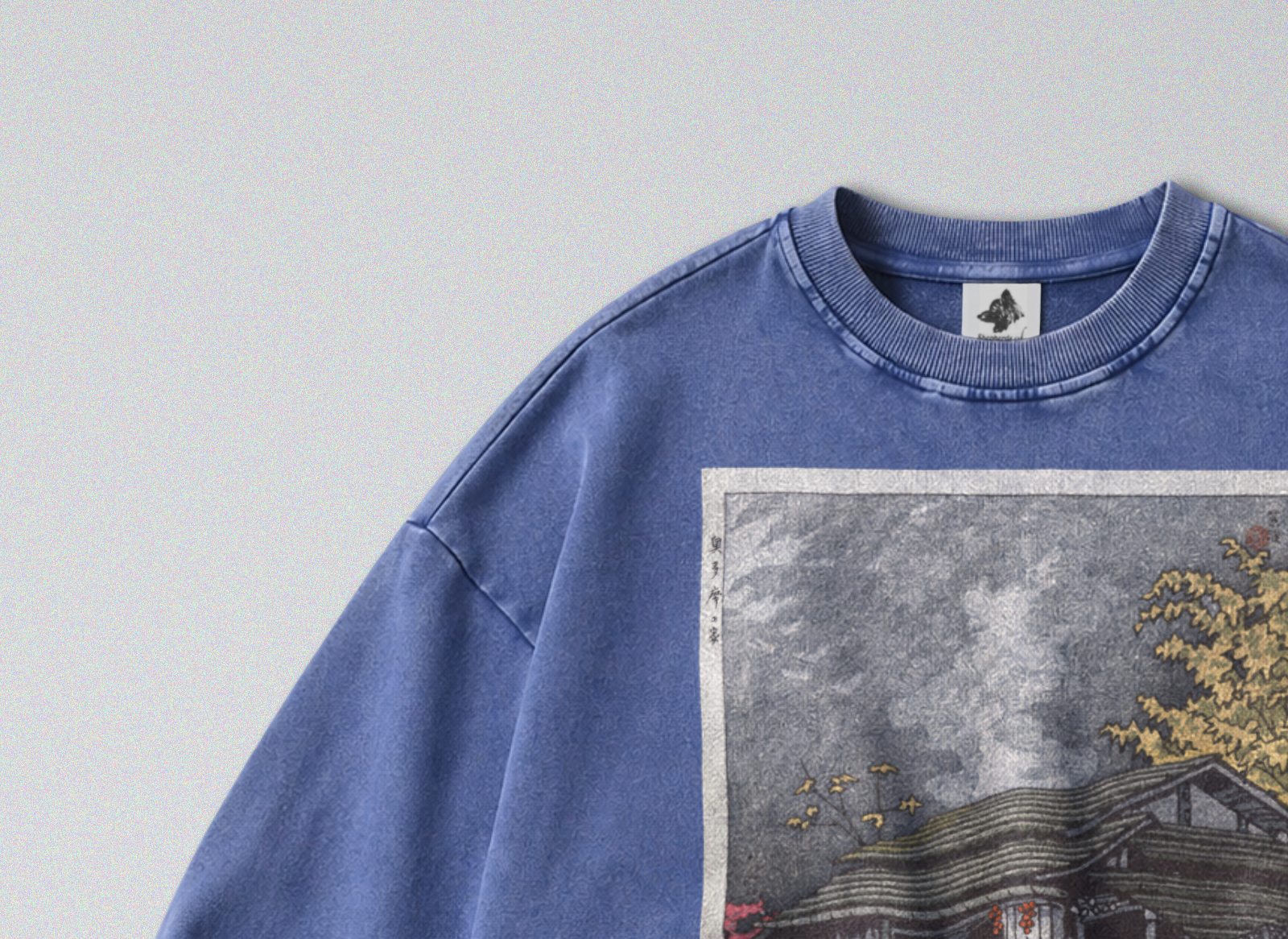 Oversized Snow Washed Cotton Sweatshirt - Rural Japanese Cabin Print