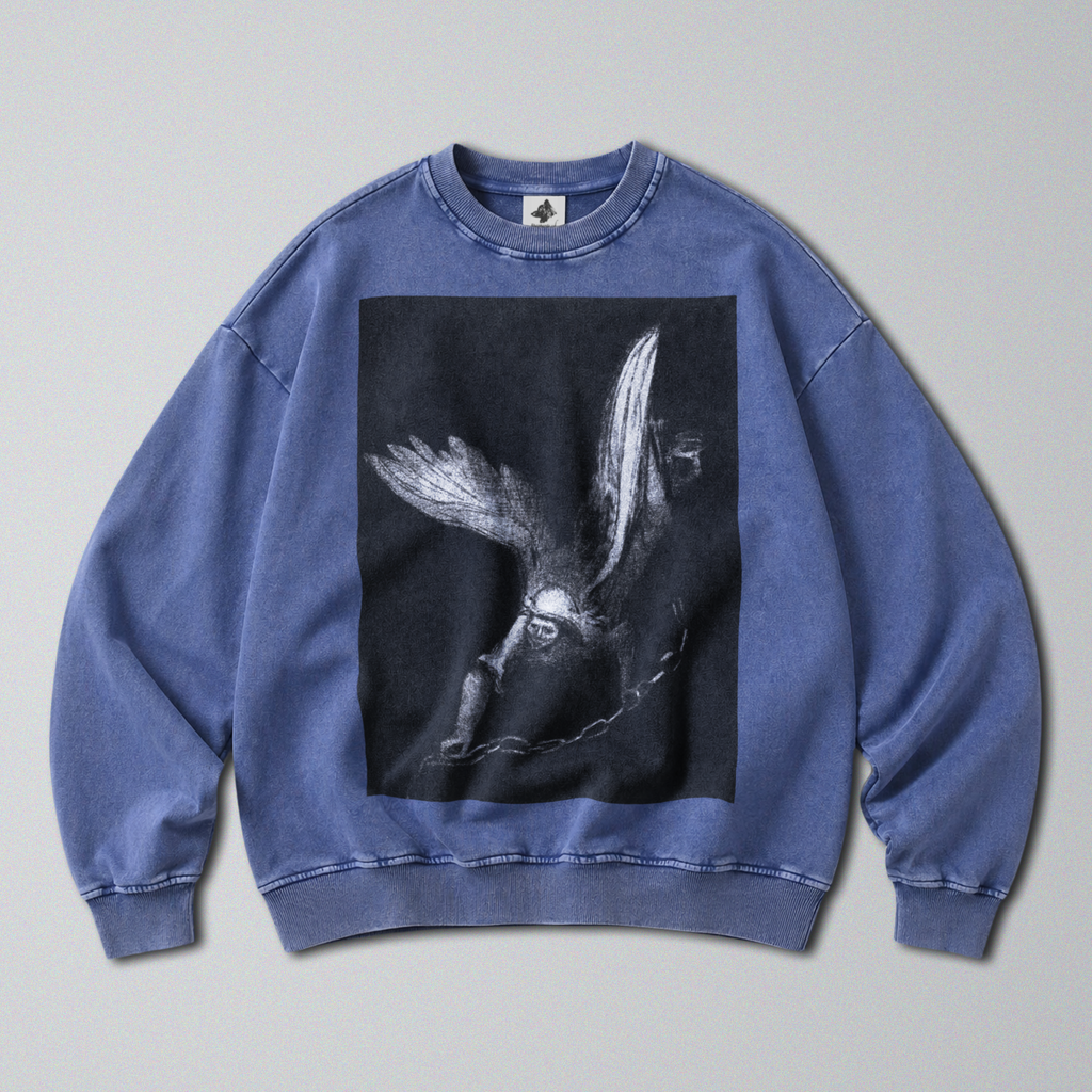 Oversized Snow Washed Cotton Sweatshirt - Haunting Angel of Death Print
