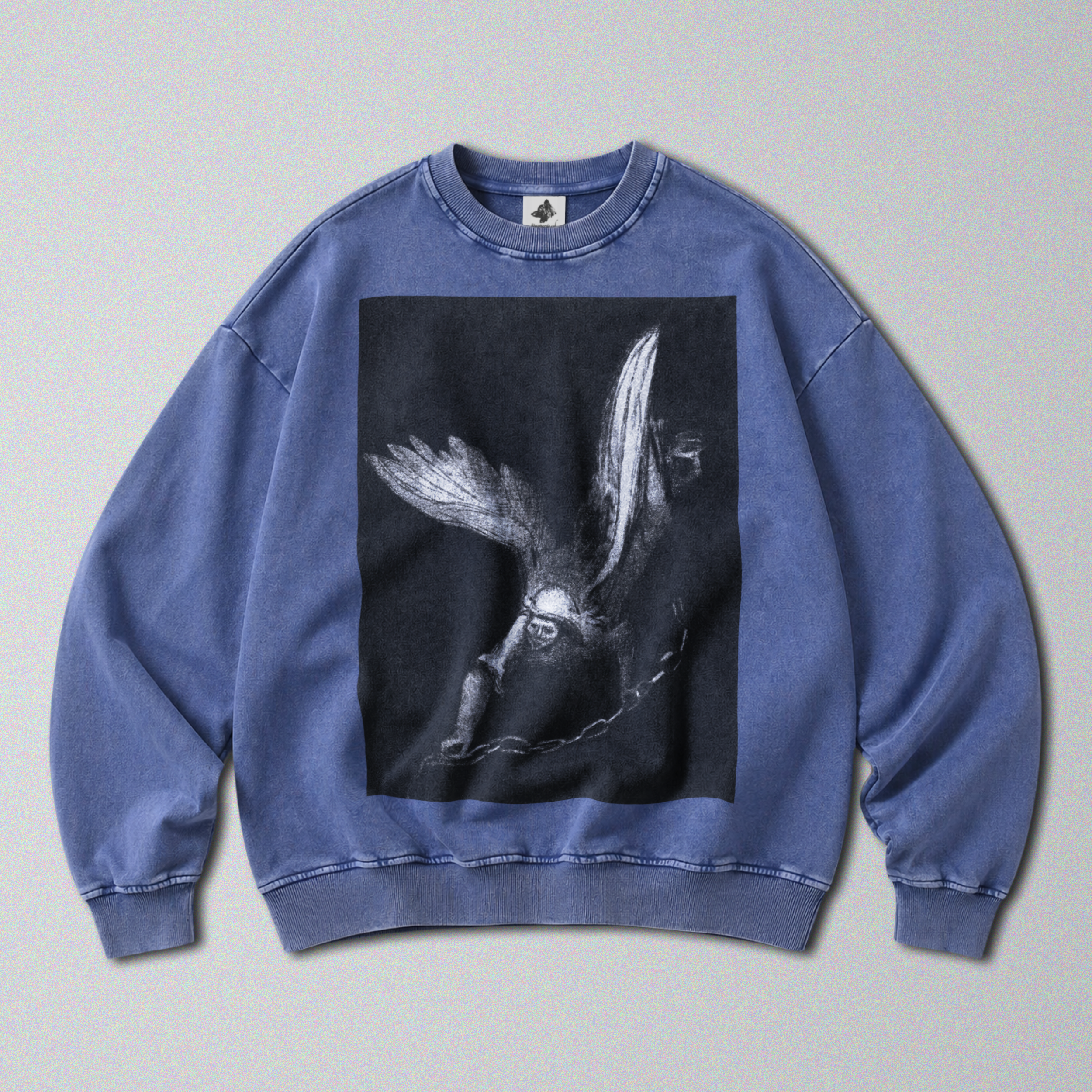 Oversized Snow Washed Cotton Sweatshirt - Haunting Angel of Death Print