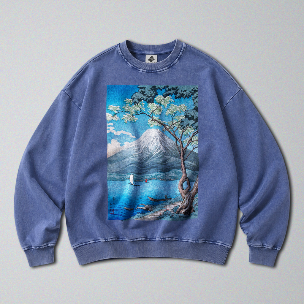 Oversized Snow Washed Cotton Sweatshirt - Japan's Mt Fuji Print