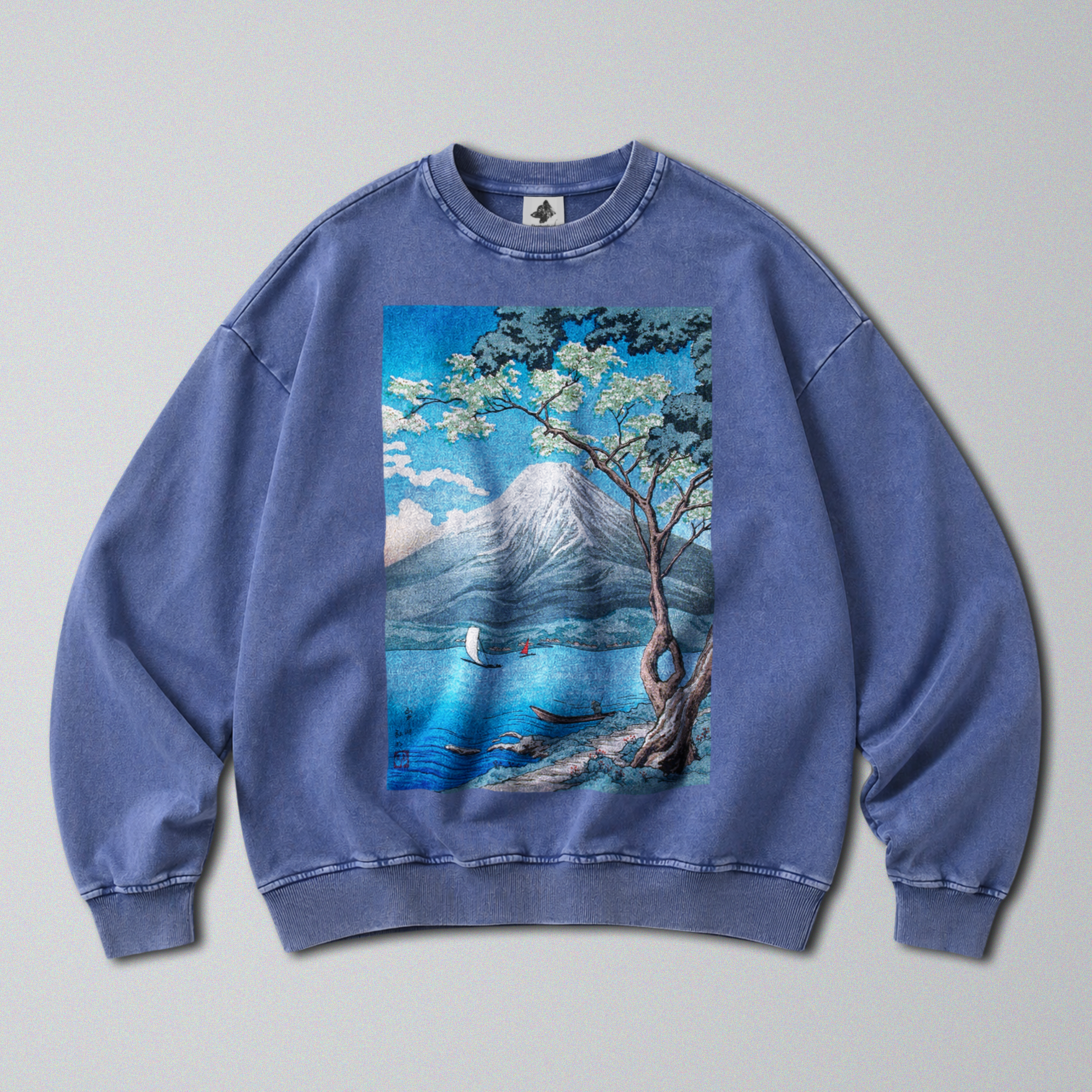 Oversized Snow Washed Cotton Sweatshirt - Japan's Mt Fuji Print