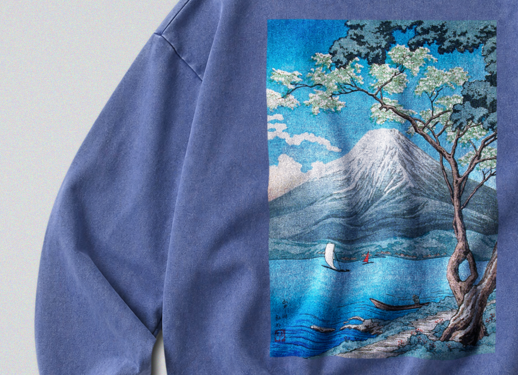 Oversized Snow Washed Cotton Sweatshirt - Japan's Mt Fuji Print
