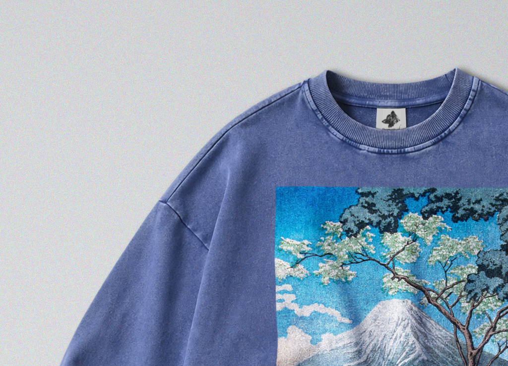 Oversized Snow Washed Cotton Sweatshirt - Japan's Mt Fuji Print