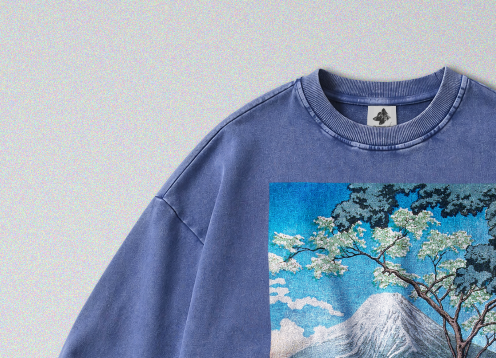 Oversized Snow Washed Cotton Sweatshirt - Japan's Mt Fuji Print