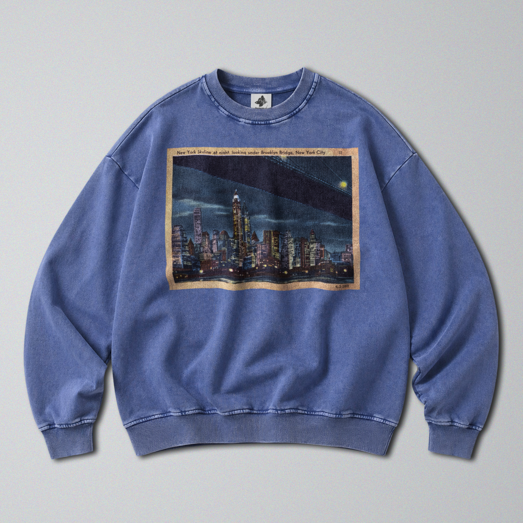Oversized Snow Washed Cotton Sweatshirt - New York City Skyline Print