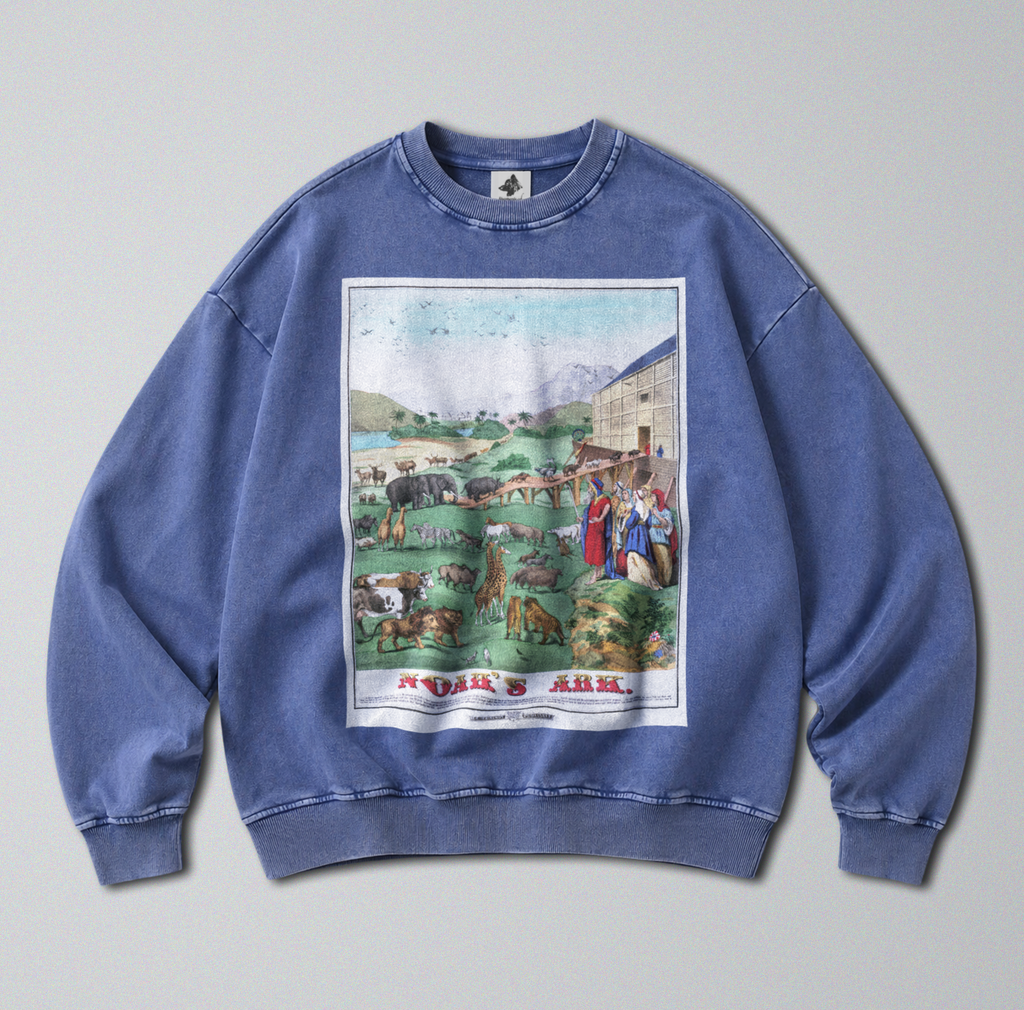 Oversized Snow Washed Cotton Sweatshirt - Noah's Ark Print