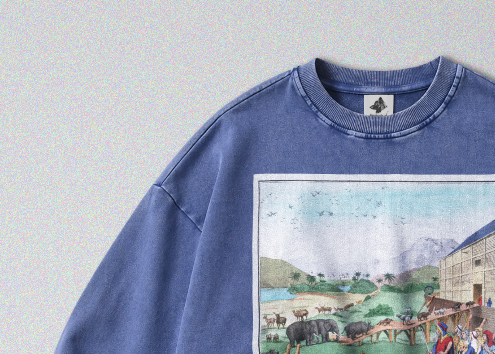 Oversized Snow Washed Cotton Sweatshirt - Noah's Ark Print
