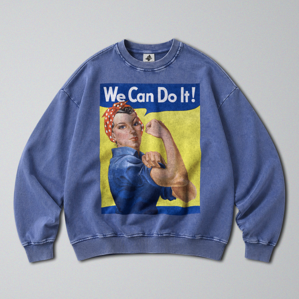 Oversized Snow Washed Cotton Sweatshirt - Rosie The Riveter Print