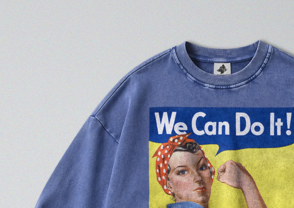 Oversized Snow Washed Cotton Sweatshirt - Rosie The Riveter Print