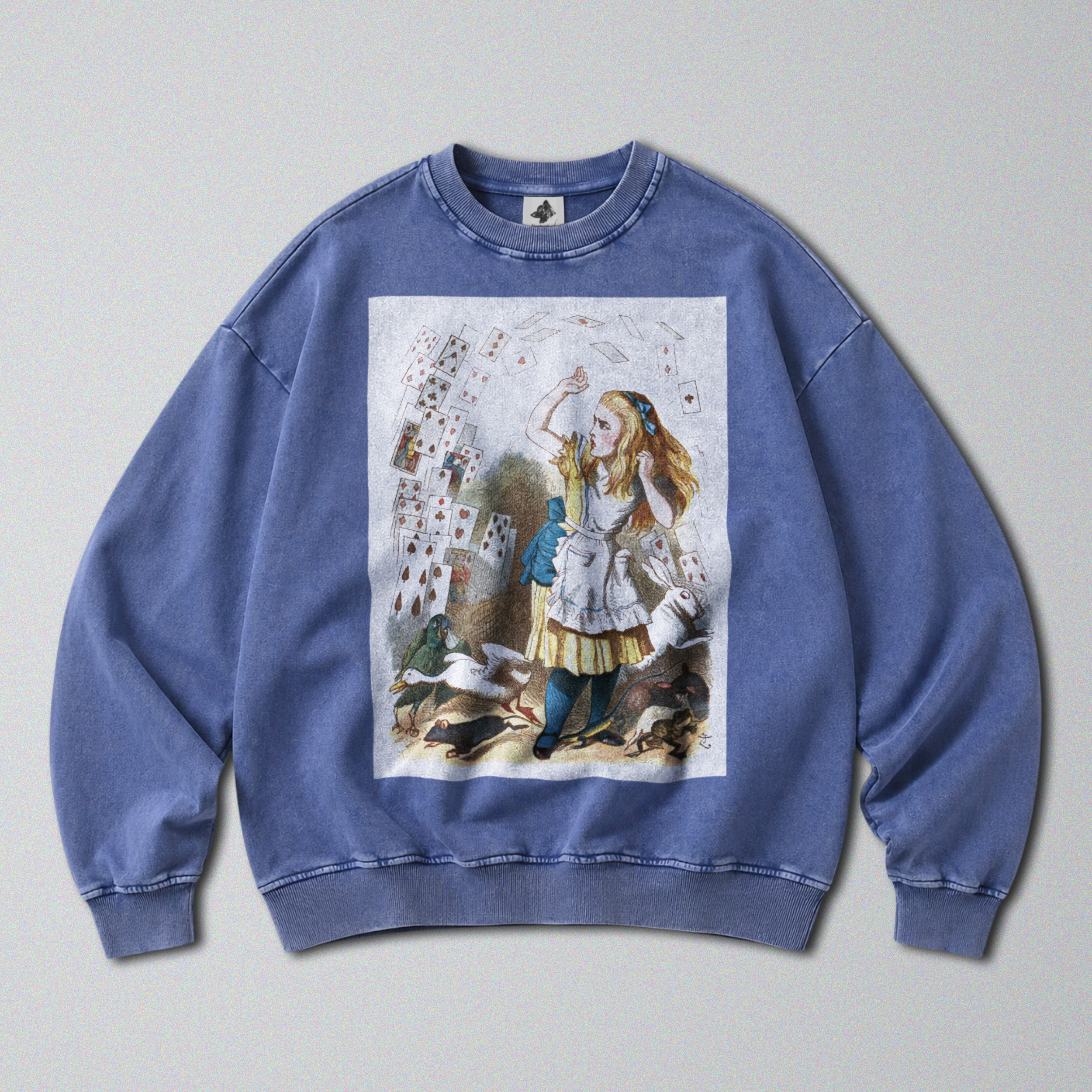 Oversized Snow Washed Cotton Sweatshirt - Alice in Wonderland Print