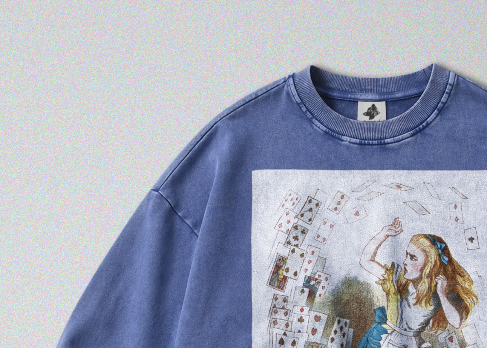 Oversized Snow Washed Cotton Sweatshirt - Alice in Wonderland Print
