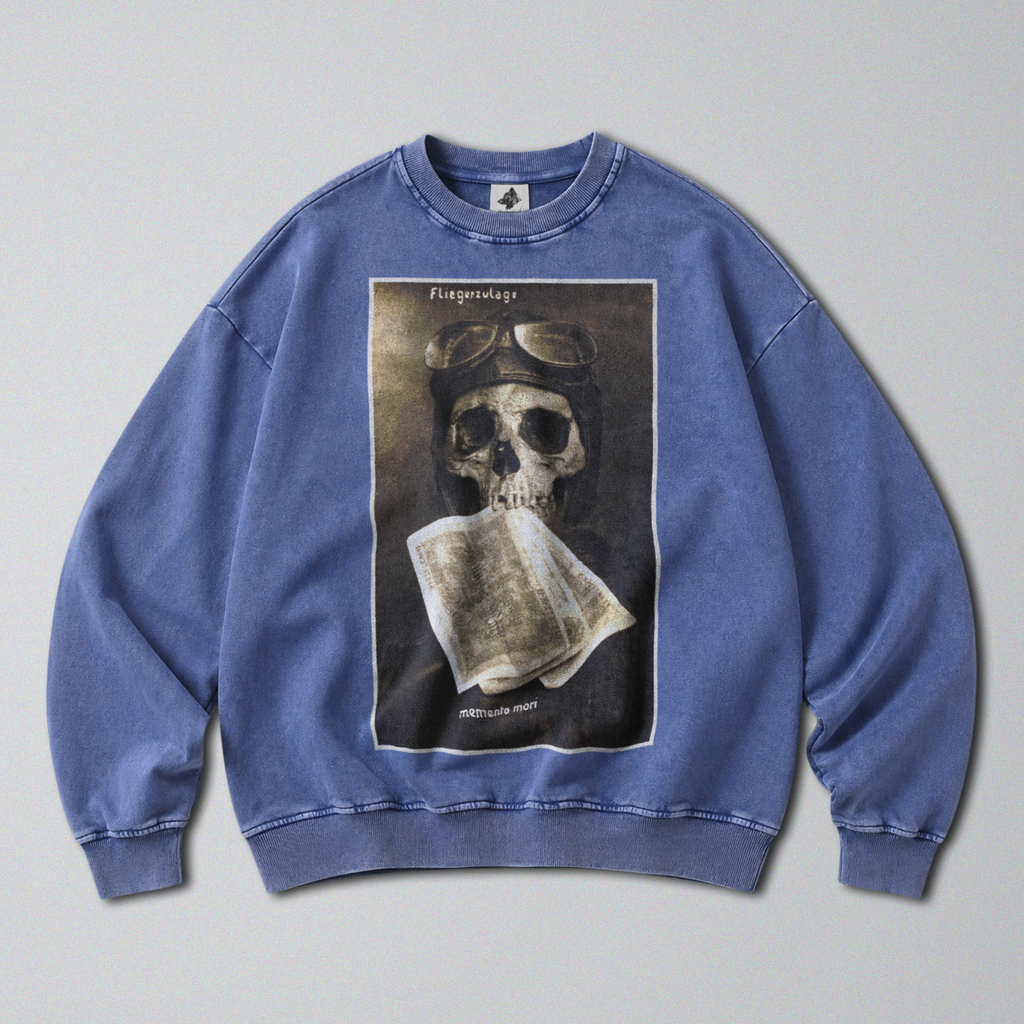 Oversized Snow Washed Cotton Sweatshirt - WW1 Remember Death Print