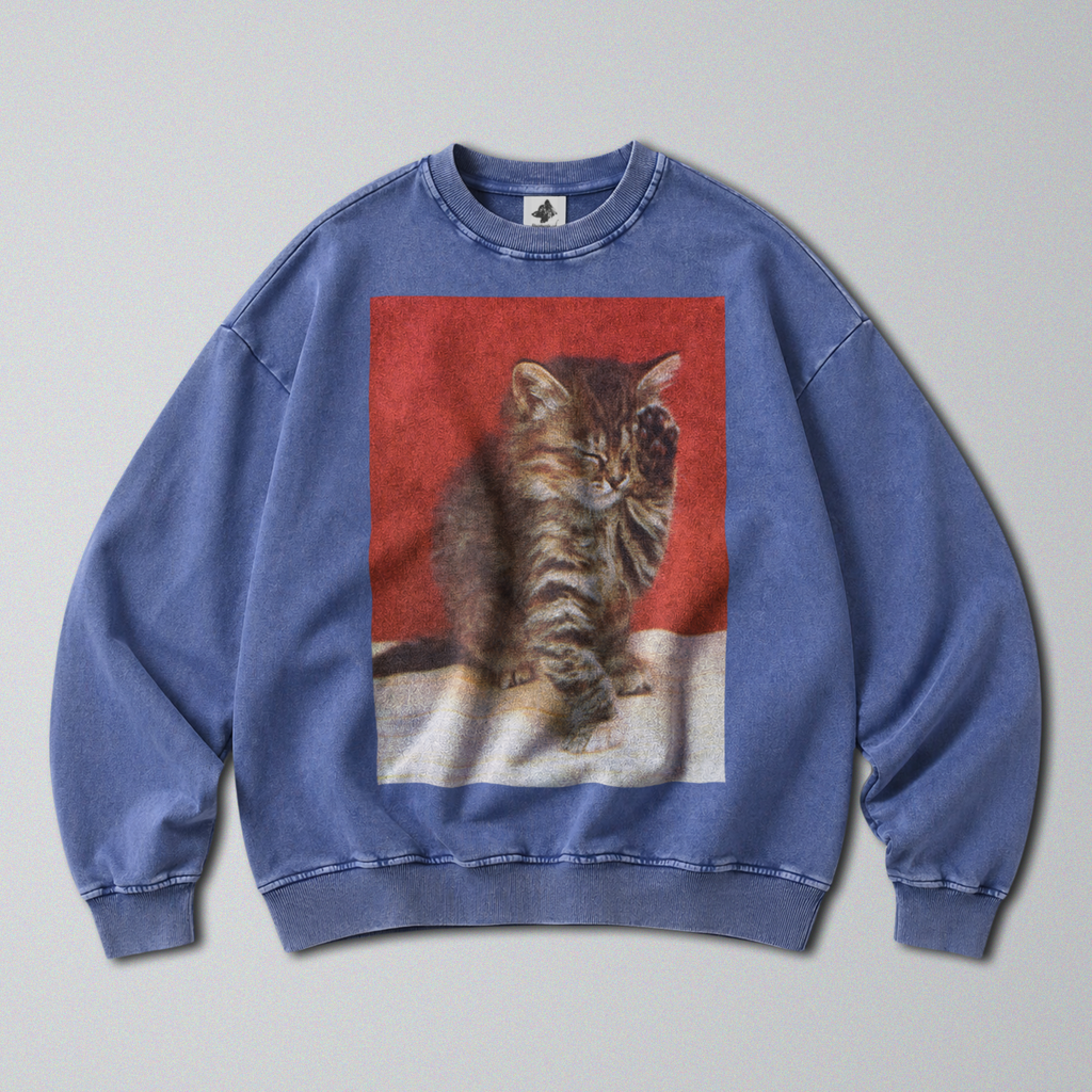 Oversized Snow Washed Cotton Sweatshirt - Cute Sleepy Kitten Print