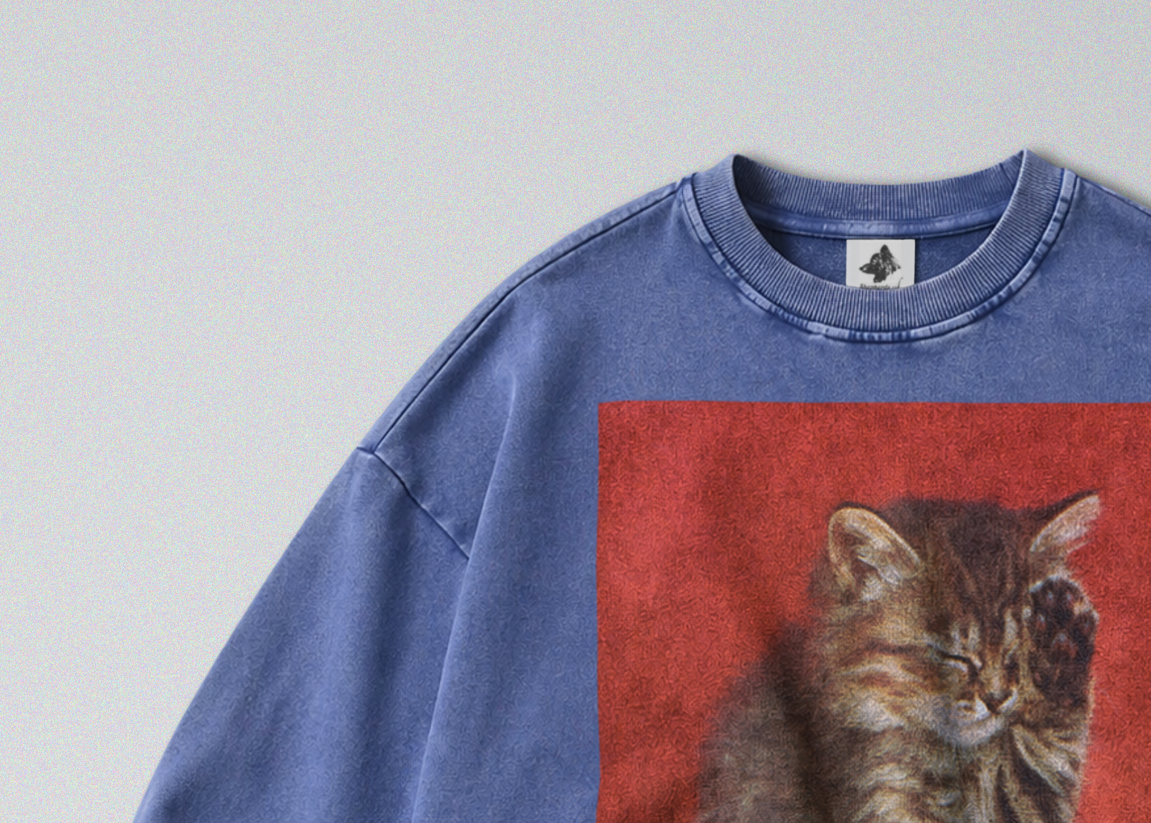 Oversized Snow Washed Cotton Sweatshirt - Cute Sleepy Kitten Print